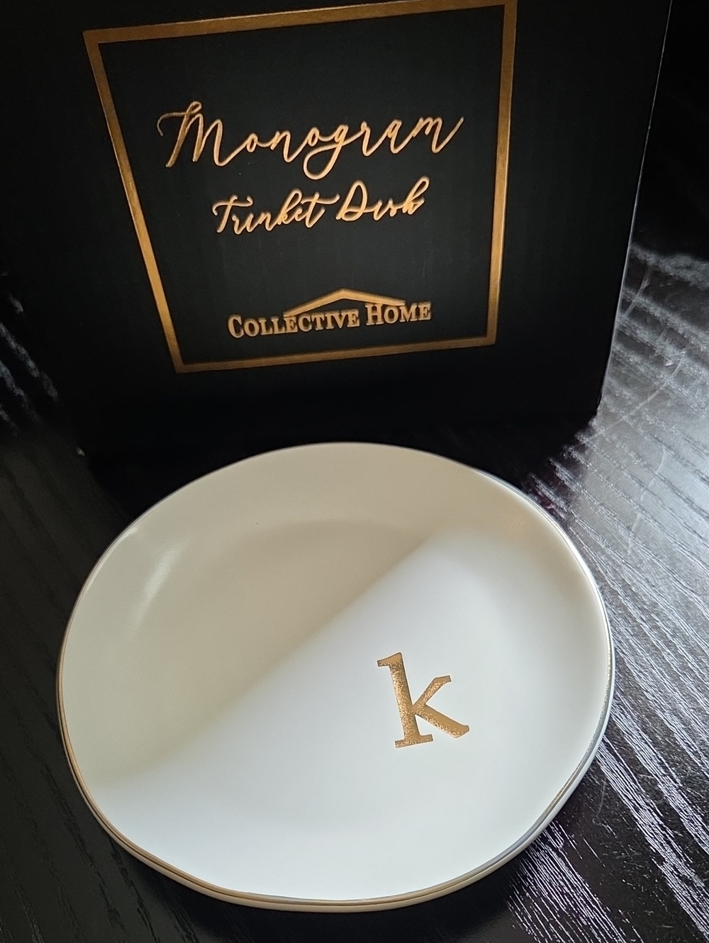 White and Gold Monogram Trinket Dish - K 4.75"  Collective Home